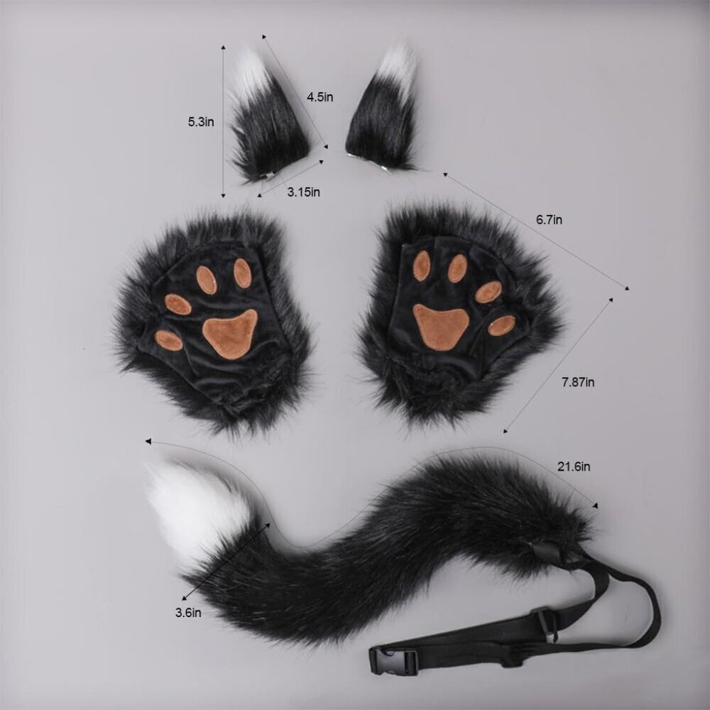 Faux Fur Cat Fox Wolf Ear Headband Tail Gloves Set Cosplay Halloween Party - Picture 6 of 7